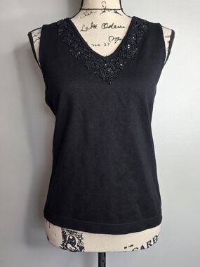 Y2k Dressbarn Black Beaded V-Neck Sleeveless Tank Top Sz M
